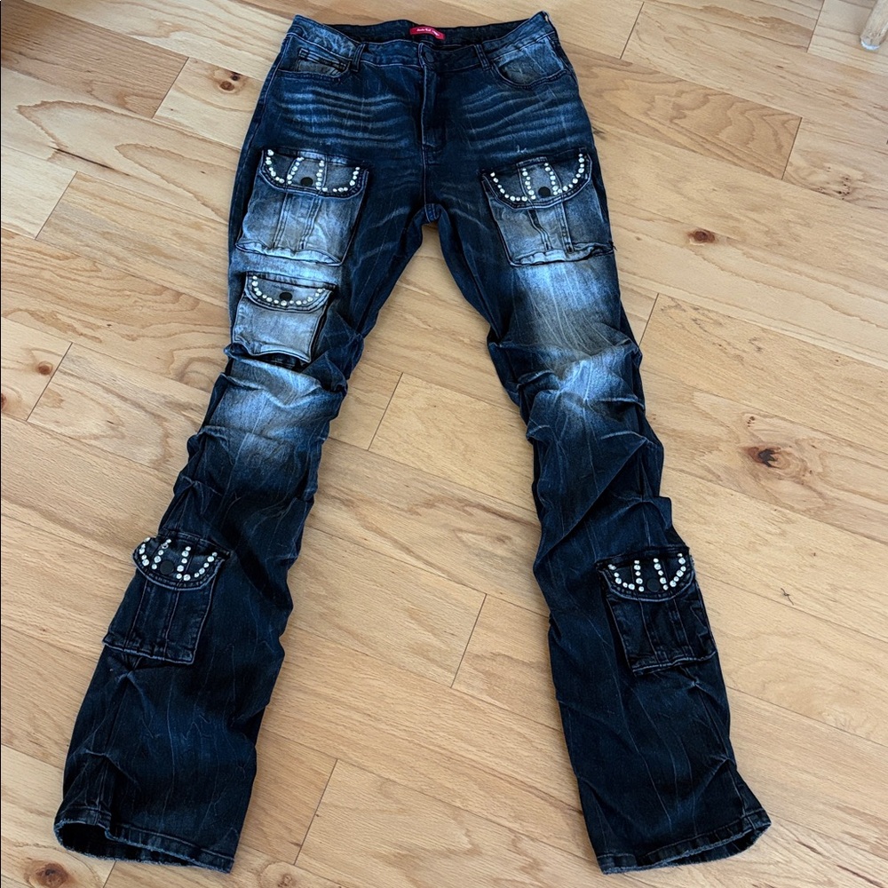 Smoke rise XL $110 Women's High Rise Rhinestone Stacked Jeans Pant storm black - Picture 4 of 14